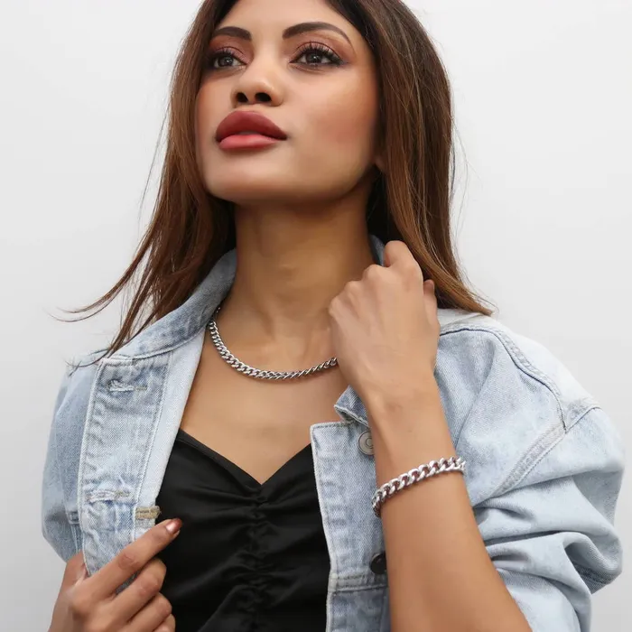 Necklaces BERRICLE Curb Chain Bracelet and Necklace in SilverTone 2 Piece