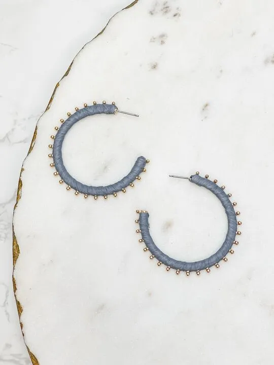 Prep Obsessed CT Earrings Gold Studded Hoop Earrings Gray