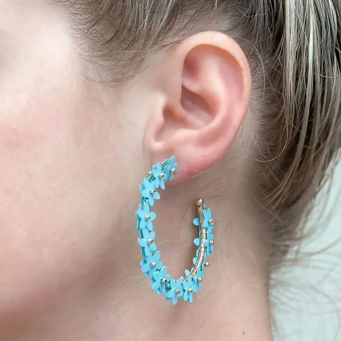 Prep Obsessed CT Earrings Sequin Flower Lined Hoop Earrings Blue