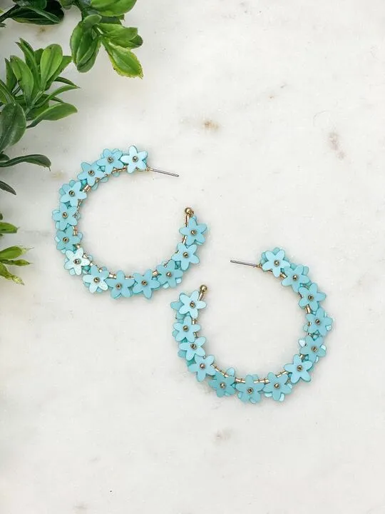 Prep Obsessed CT Earrings Sequin Flower Lined Hoop Earrings Blue