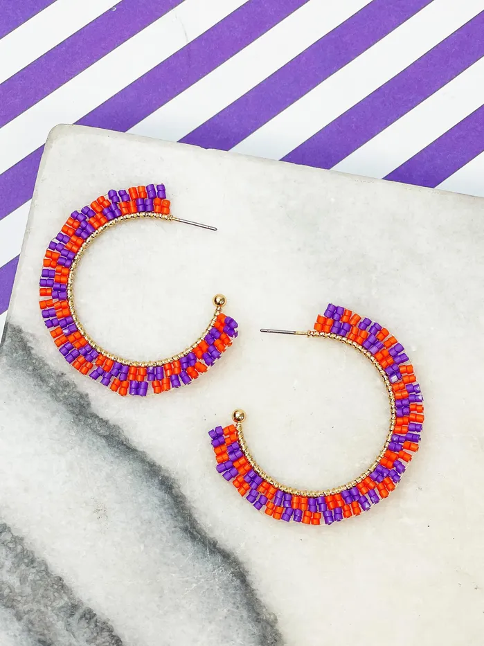 Prep Obsessed CT Game Day Checkered Beaded Hoop Earrings Purple Orange Earrings