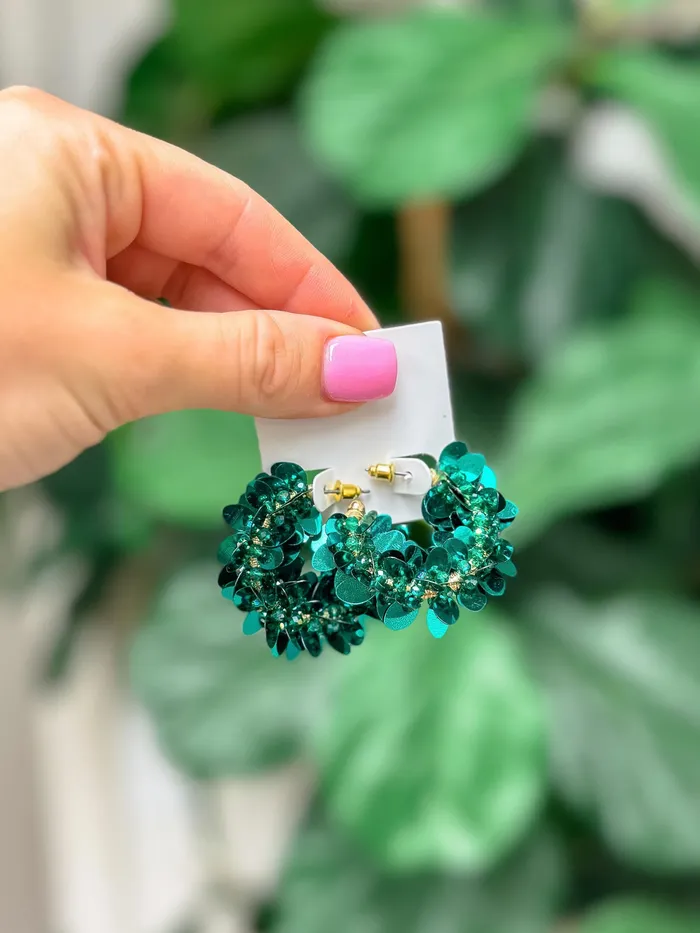 Prep Obsessed CT Shiny Sequin Hoop Earrings Green Earrings