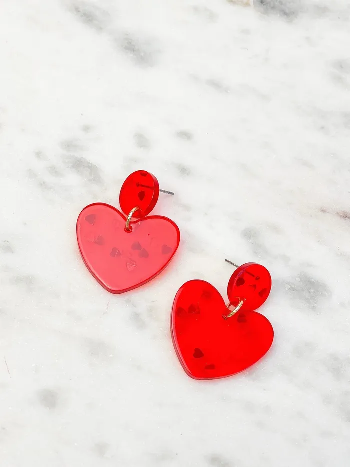 Prep Obsessed FAME Earrings Silver Confetti Heart Dangle Earrings Red