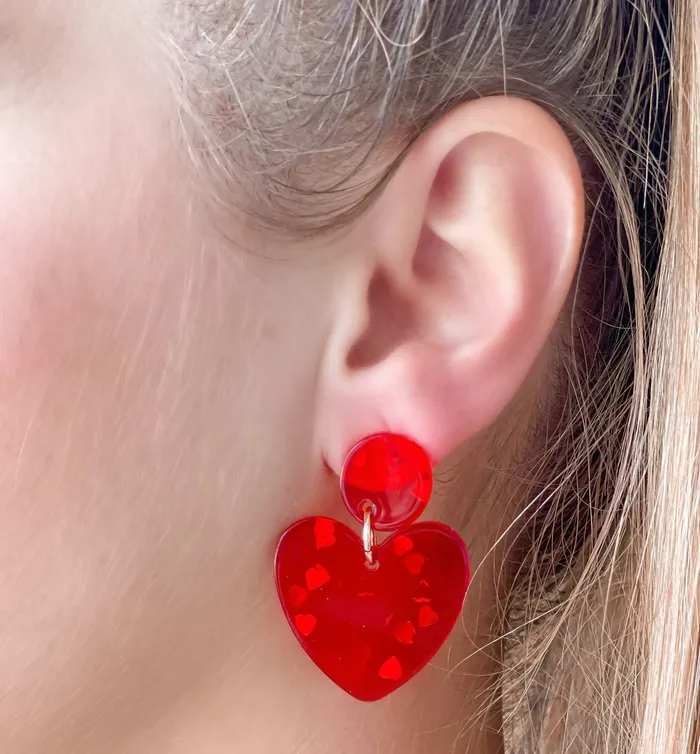 Prep Obsessed FAME Earrings Silver Confetti Heart Dangle Earrings Red