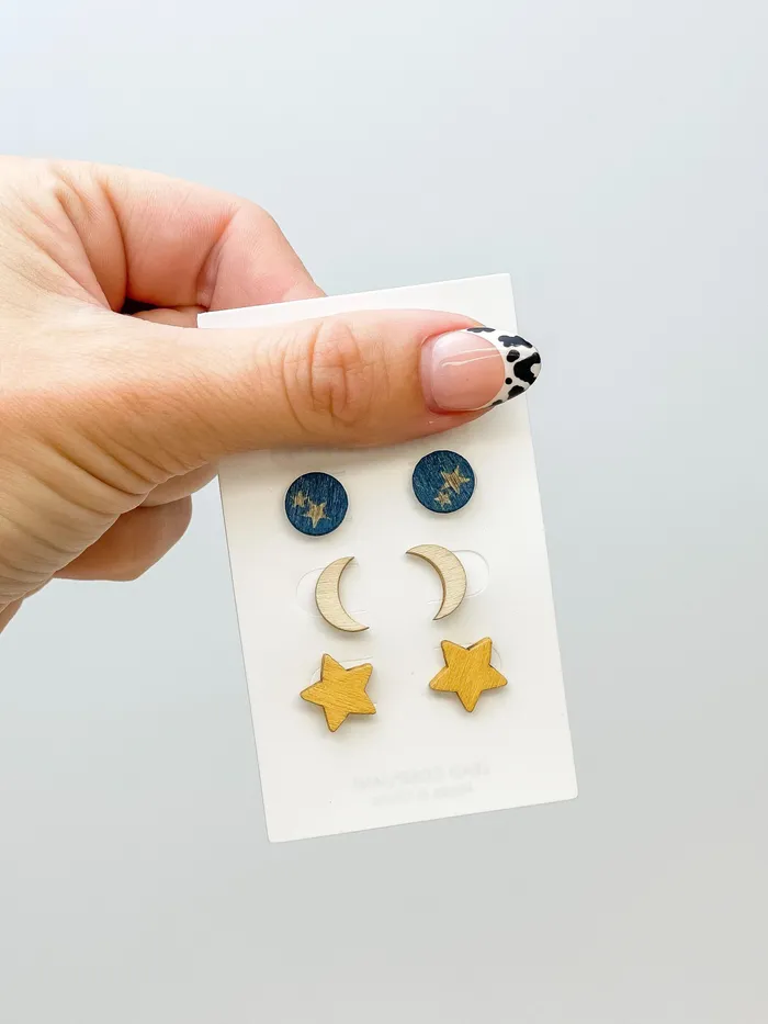 Prep Obsessed LM Earrings Star Moon Wood Stud Trio Earrings