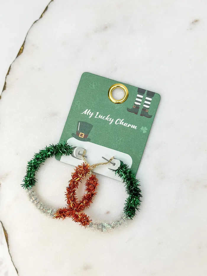 Prep Obsessed PR Earrings St Patricks Day Tinsel Hoop Earrings