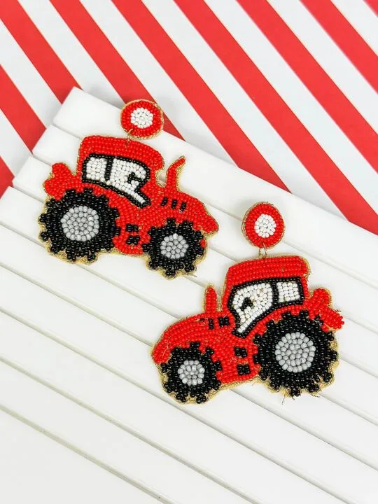 Red Tractor Seed Bead Drop Earrings Prep Obsessed TL Earrings