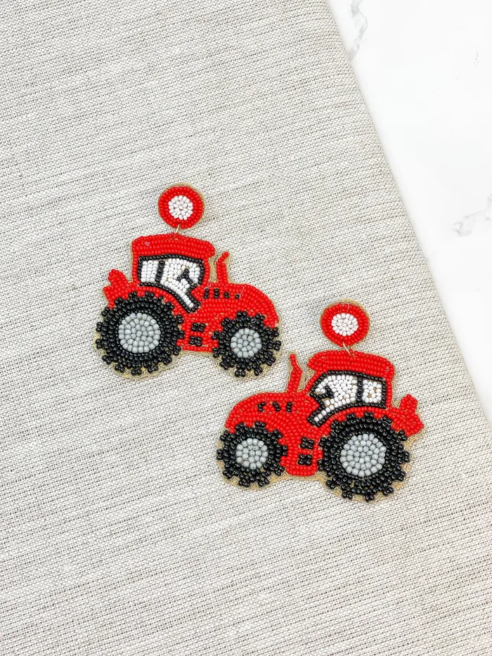 Red Tractor Seed Bead Drop Earrings Prep Obsessed TL Earrings