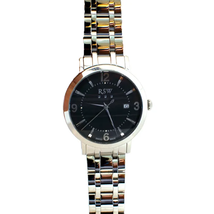 Rsw Mens Stainless Steel Watch With Metal Bracelet Black Dial RSW Bracelets