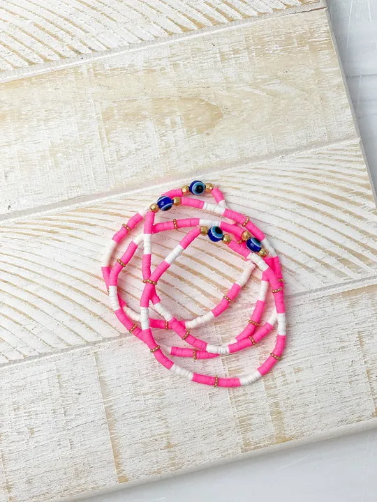 Rubber Disc Evil Eye Beaded Stretch Bracelet Stack Hot Pink Prep Obsesed JJ Bracelets Rubber Disc Evil Eye Beaded Stretch Bracelet Stack Hot Pink Prep Obsesed JJ Bracelets