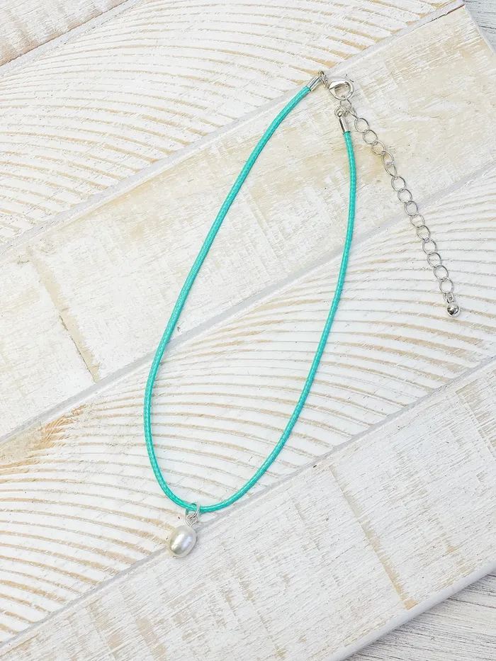 Single Pearl Leather Choker Necklace Turquoise Prep Obsessed MOA Necklaces