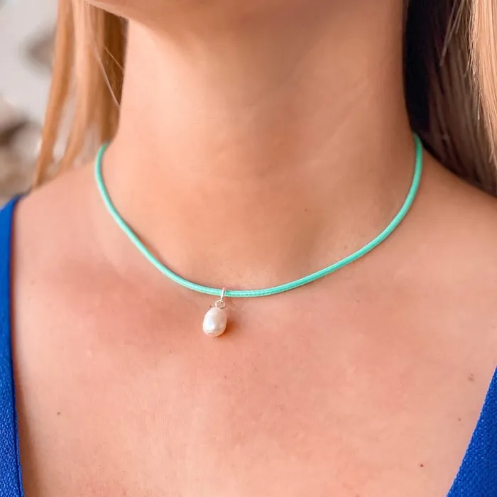 Single Pearl Leather Choker Necklace Turquoise Prep Obsessed MOA Necklaces
