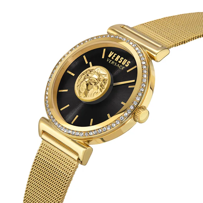 Versus Bracelets Versus Brick Lane Ladies Black Dial Gold Watch with Mesh Bracelet