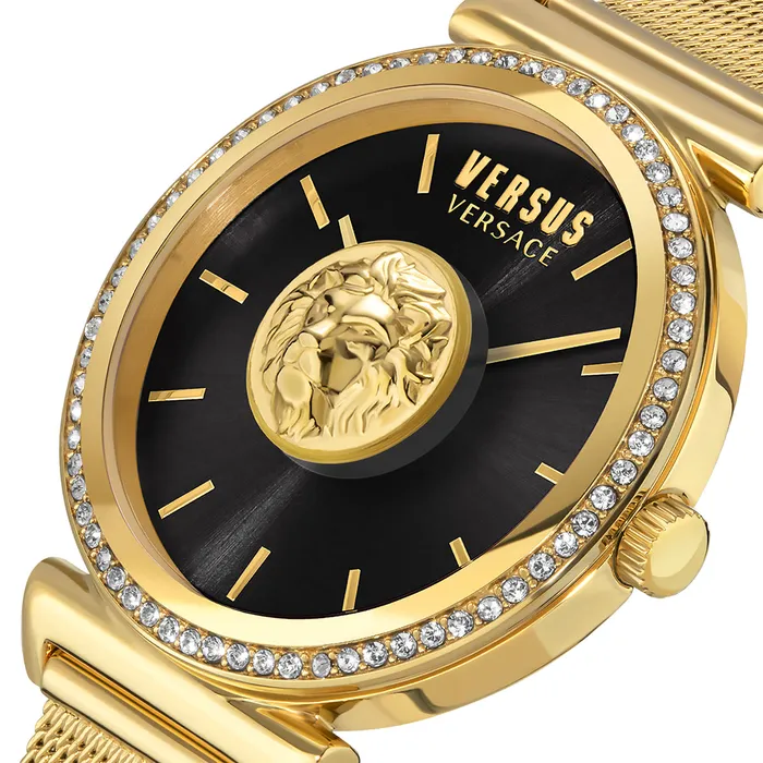 Versus Bracelets Versus Brick Lane Ladies Black Dial Gold Watch with Mesh Bracelet