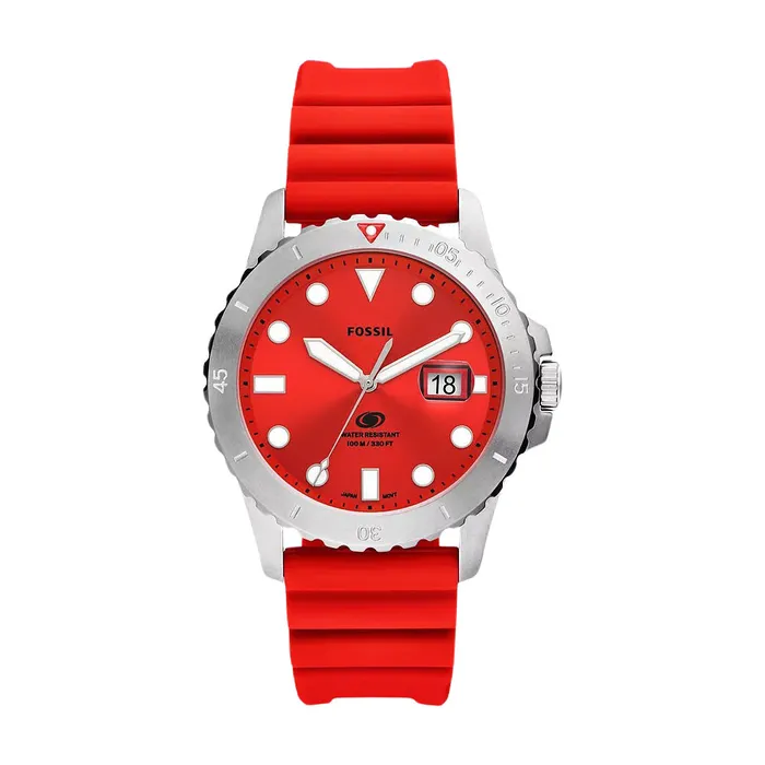 Watches Fossil Fossil Blue Dive ThreeHand Date Red Silicone Watch