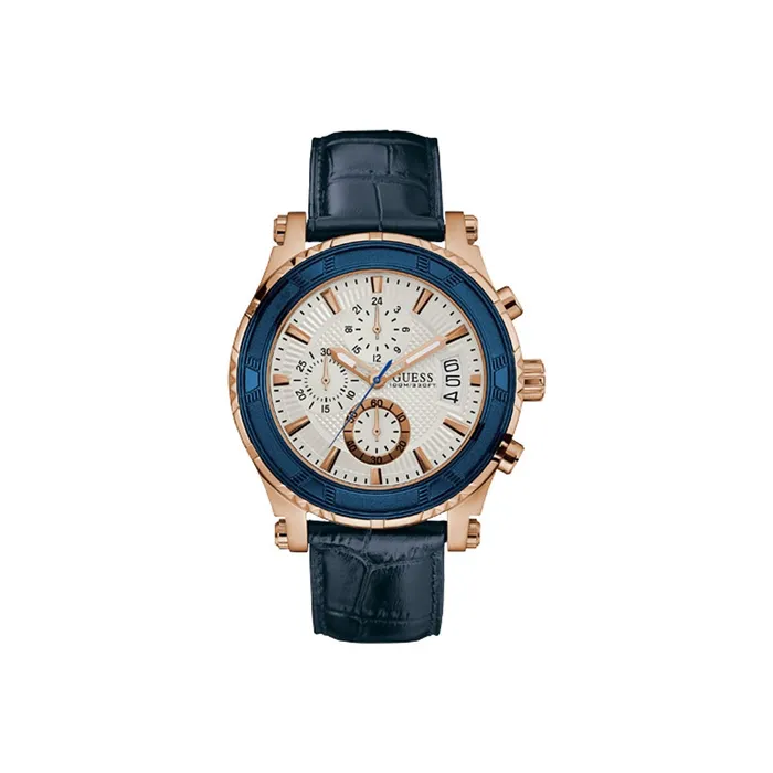 Watches Gc Guess Mens IP Gold Chronograph Watch With White Dial Blue Leather Strap Watches Gc Guess Mens IP Gold Chronograph Watch With White Dial Blue Leather Strap