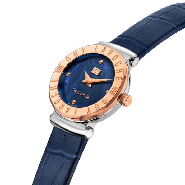 Watches Guy Laroche Guy Laroche Betty Ladies Blue MOP Dial Stainless Steel Rose Gold Case Blue Leather Starp Watch