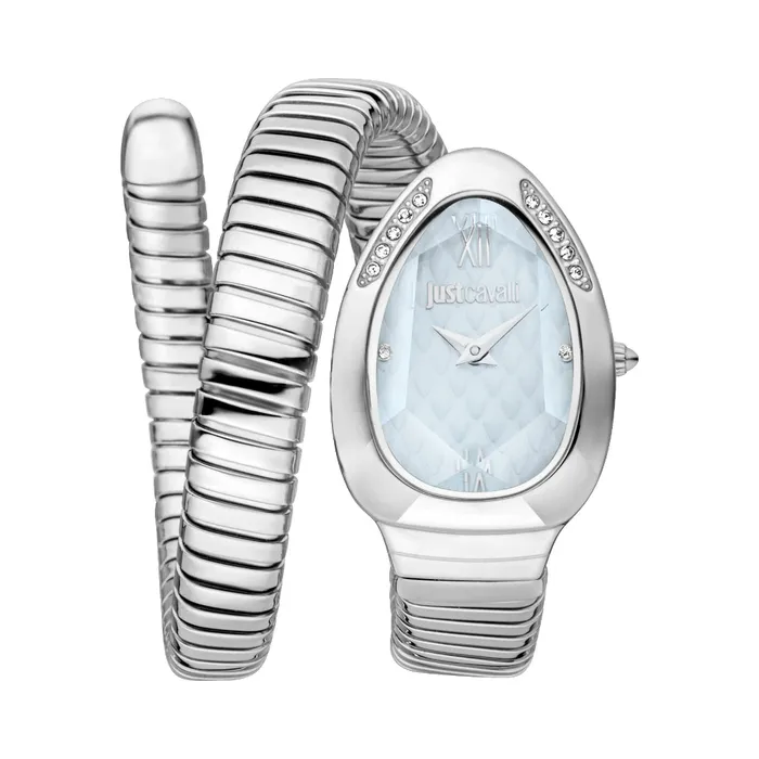 Watches Just Cavalli Just Cavalli Snake Shape Womens Silver Watch with Light Blue Dial Watches Just Cavalli Just Cavalli Snake Shape Womens Silver Watch with Light Blue Dial