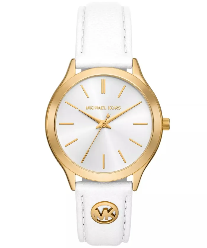 Watches Michael Kors Michael Kors Slim Runway Ladies Silver Dial Gold Case White Leather Starp Watch