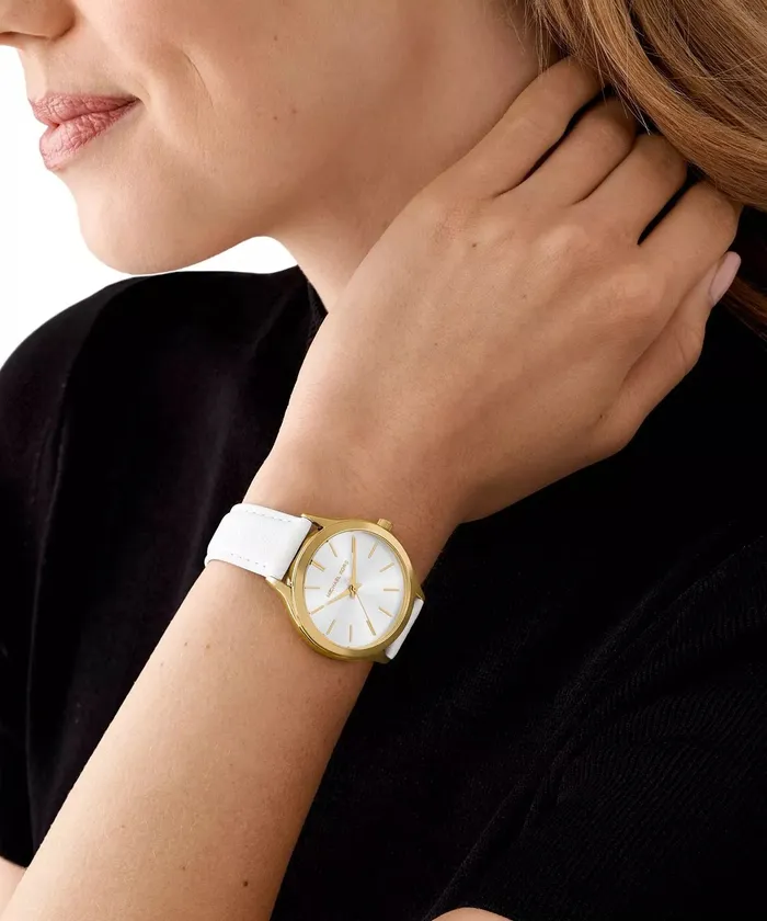 Watches Michael Kors Michael Kors Slim Runway Ladies Silver Dial Gold Case White Leather Starp Watch
