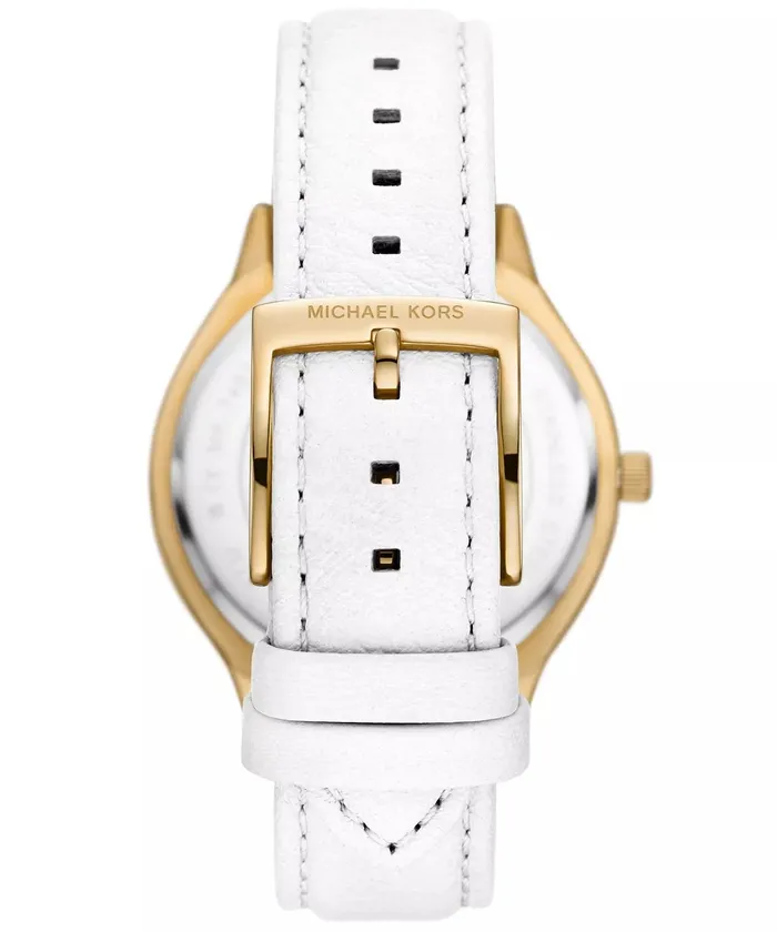 Watches Michael Kors Michael Kors Slim Runway Ladies Silver Dial Gold Case White Leather Starp Watch