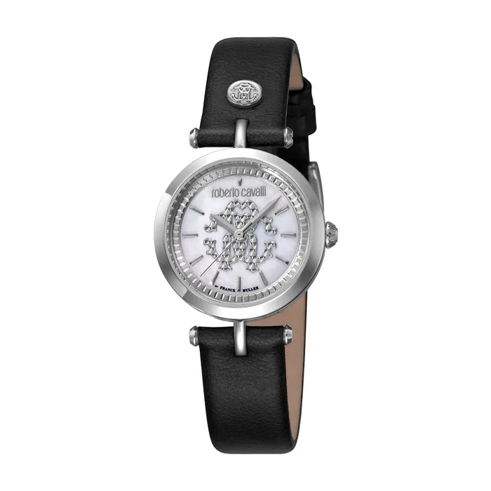 Watches Roberto Cavalli Roberto Cavalli Ladies Watch With Mother Of Pearl Dial Black Leather Strap